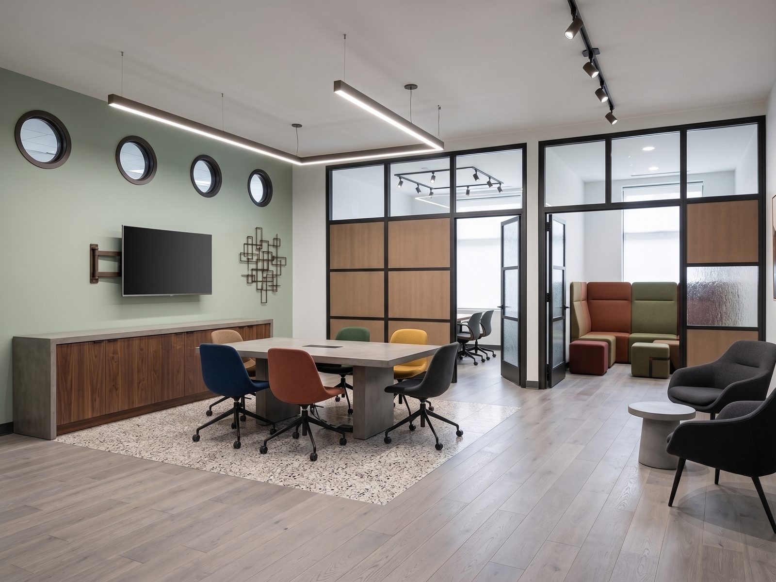 Design rendering of a collaborative office and meeting space