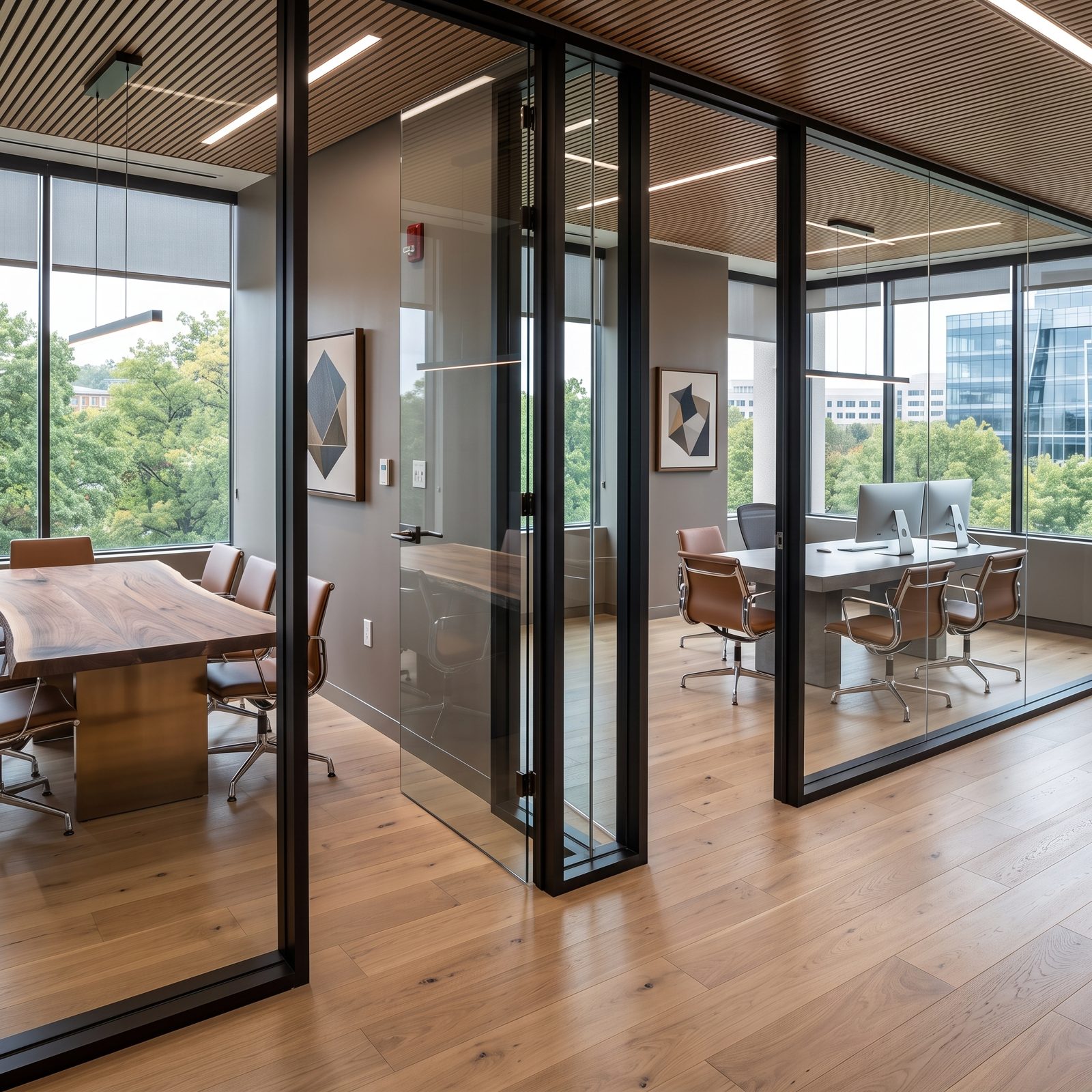 Design rendering of a commercial office interior with glazed partitions